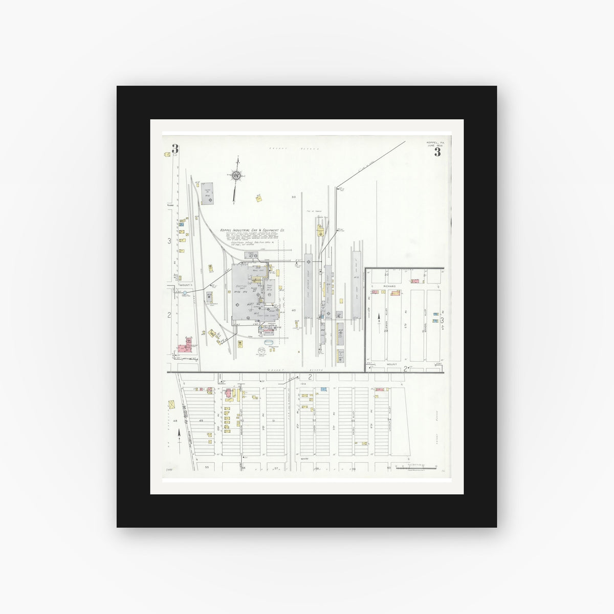 Old map wall art mockup — black gallery frame with white mat — Sanborn Fire Insurance Map from Koppel, Beaver County, Pennsylvania (1934), Sheet #0003