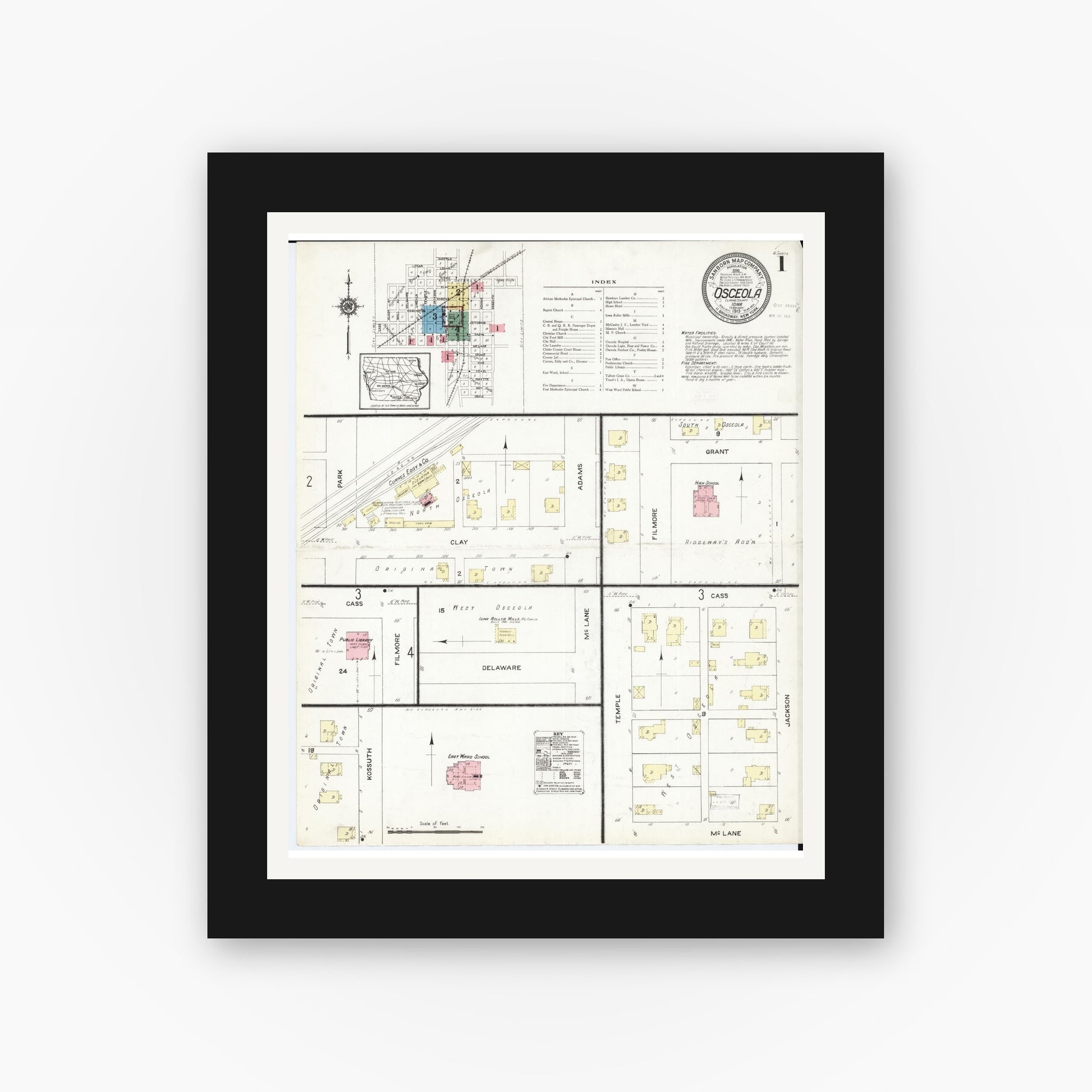 Old map wall art mockup — black gallery frame with white mat — Sanborn Fire Insurance Map from Osceola, Clarke County, Iowa (1913) â€” Complete Set