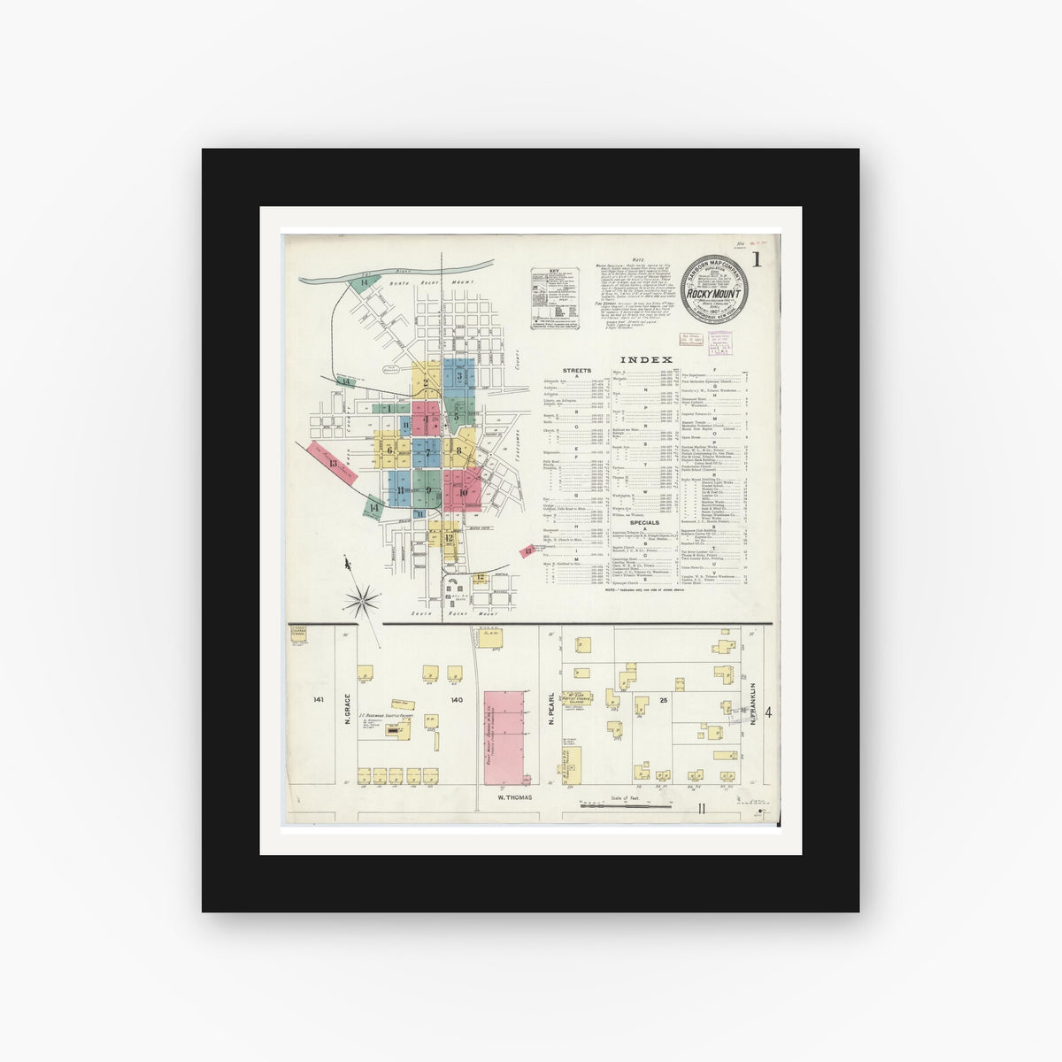 Old map wall art mockup — black gallery frame with white mat — Sanborn Fire Insurance Map from Rocky Mount, Edgecombe And Nash Counties, North Carolina (1907) - Complete Map Set