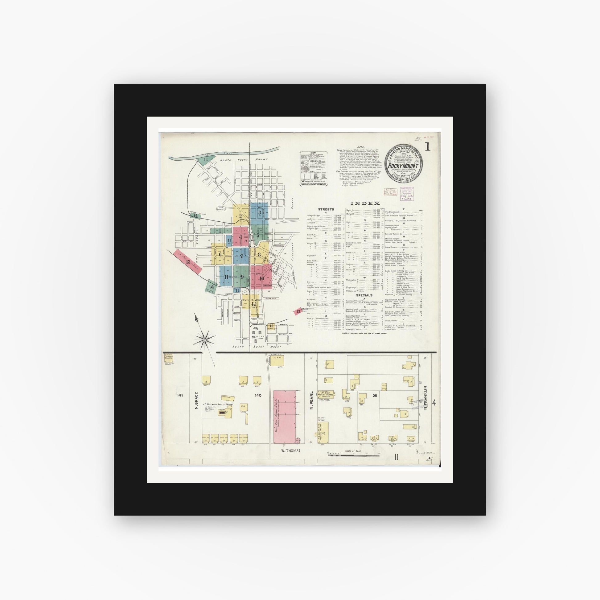 Old map wall art mockup — black gallery frame with white mat — Sanborn Fire Insurance Map from Rocky Mount, Edgecombe And Nash Counties, North Carolina (1907) - Complete Map Set