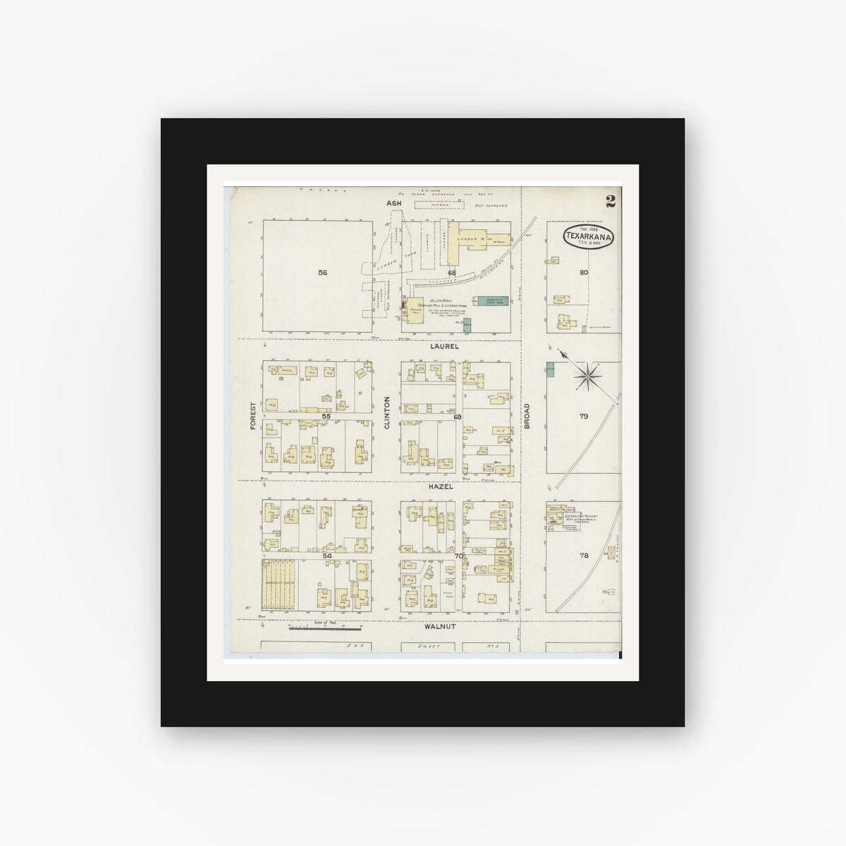 Old map wall art mockup — black gallery frame with white mat — Sanborn Fire Insurance Map from Texarkana, Bowie County, Texas (1888), Sheet #0002