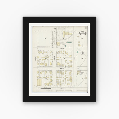 Old map wall art mockup — black gallery frame with white mat — Sanborn Fire Insurance Map from Texarkana, Bowie County, Texas (1888), Sheet #0002