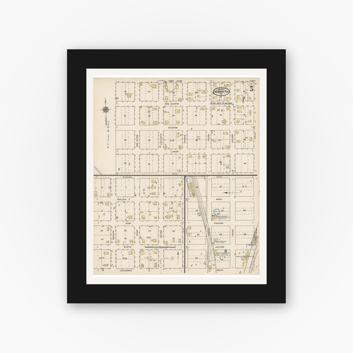 Old map wall art mockup — black gallery frame with white mat — Sanborn Fire Insurance Map from Henrietta, Clay County, Texas (1922), Sheet #0005