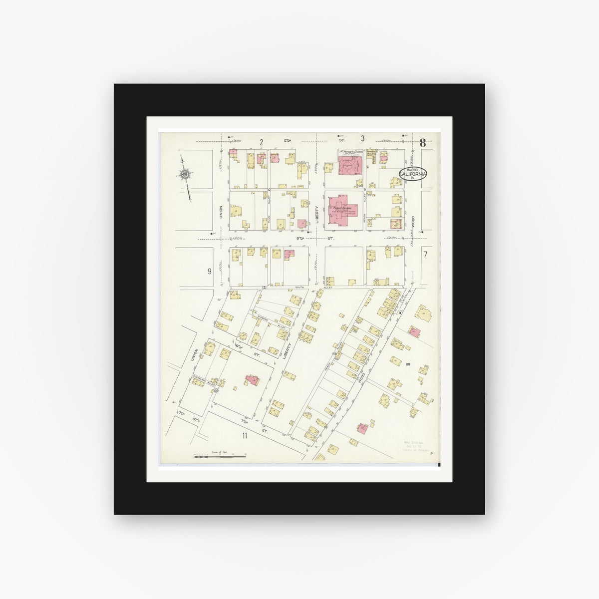 Old map wall art mockup — black gallery frame with white mat — Sanborn Fire Insurance Map from California, Washington County, Pennsylvania (1913), Sheet #0008