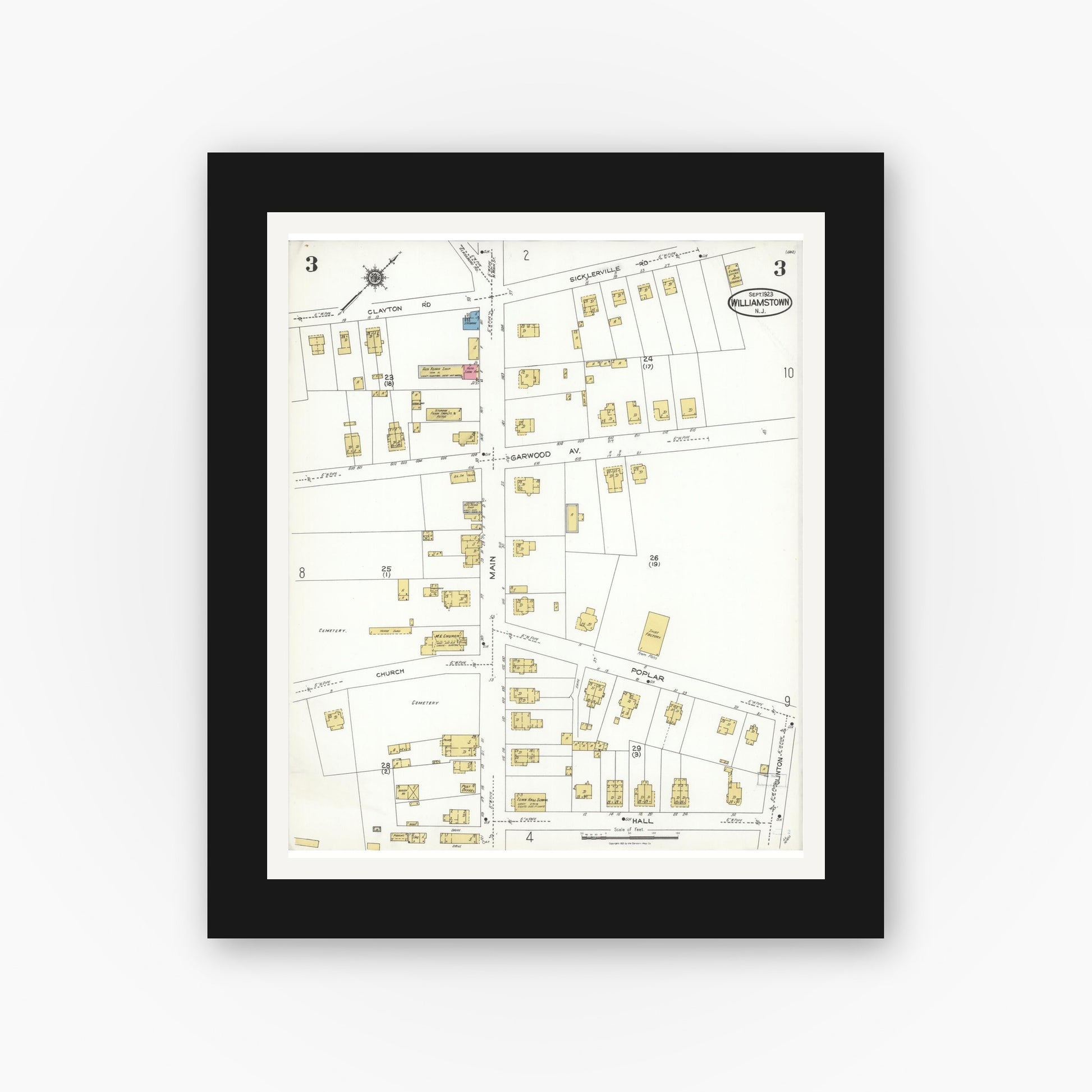 Old map wall art mockup — black gallery frame with white mat — Sanborn Fire Insurance Map from Williamstown, Gloucester County, New Jersey (1923), Sheet #0003