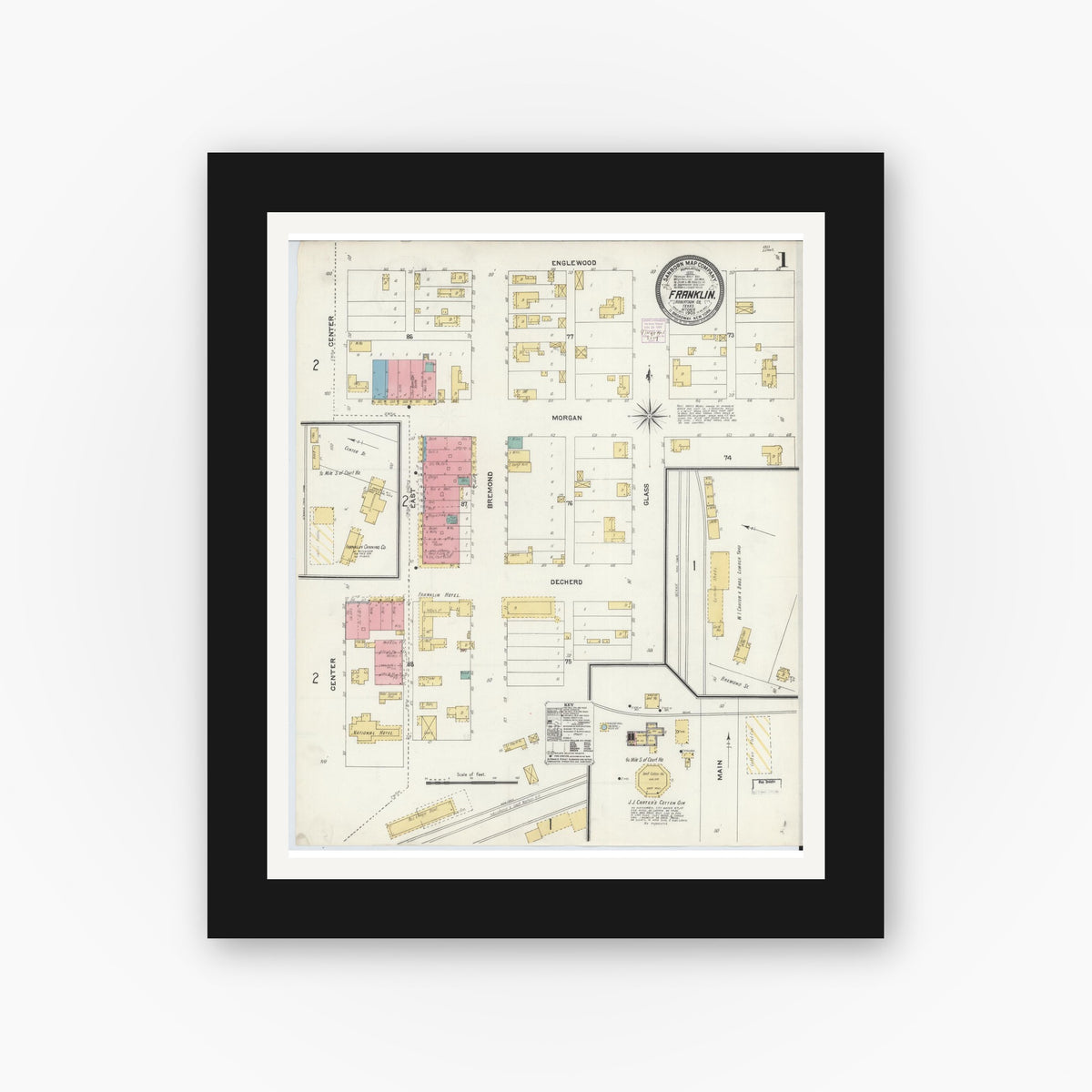 Old map wall art mockup — black gallery frame with white mat — Sanborn Fire Insurance Map from Franklin, Robertson County, Texas (1905), Sheet #0001