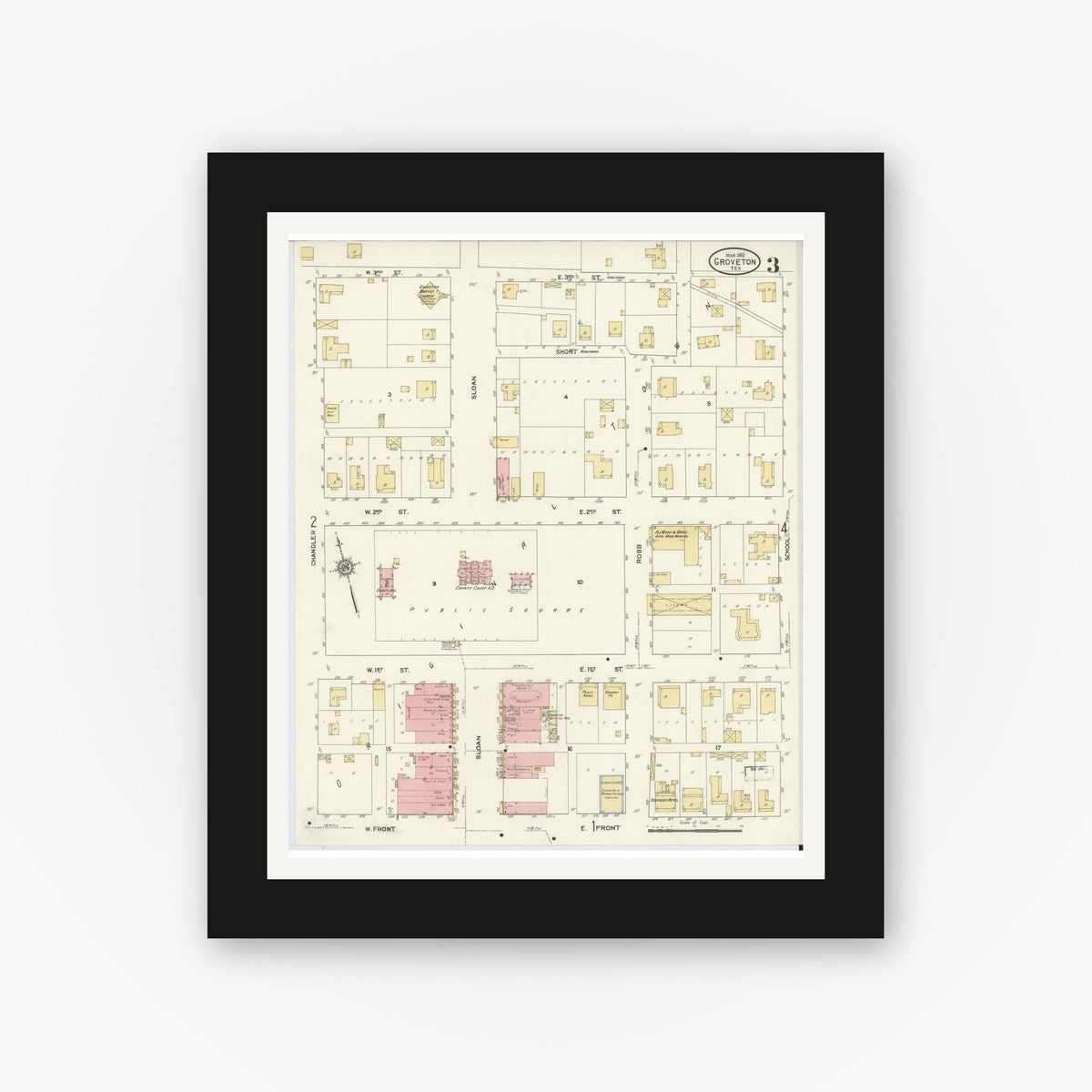 Old map wall art mockup — black gallery frame with white mat — Sanborn Fire Insurance Map from Groveton, Trinity County, Texas (1912), Sheet #0003