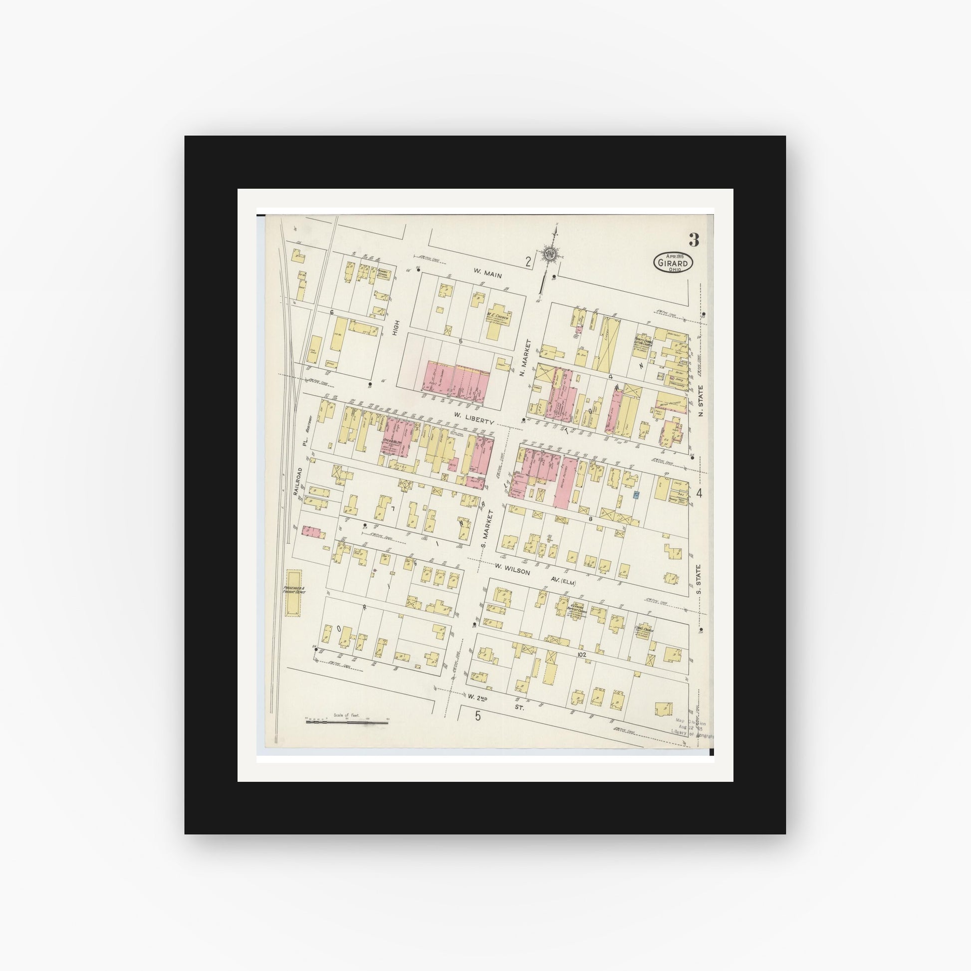Old map wall art mockup — black gallery frame with white mat — Sanborn Fire Insurance Map from Girard, Trumbull County, Ohio (1915), Sheet #0003