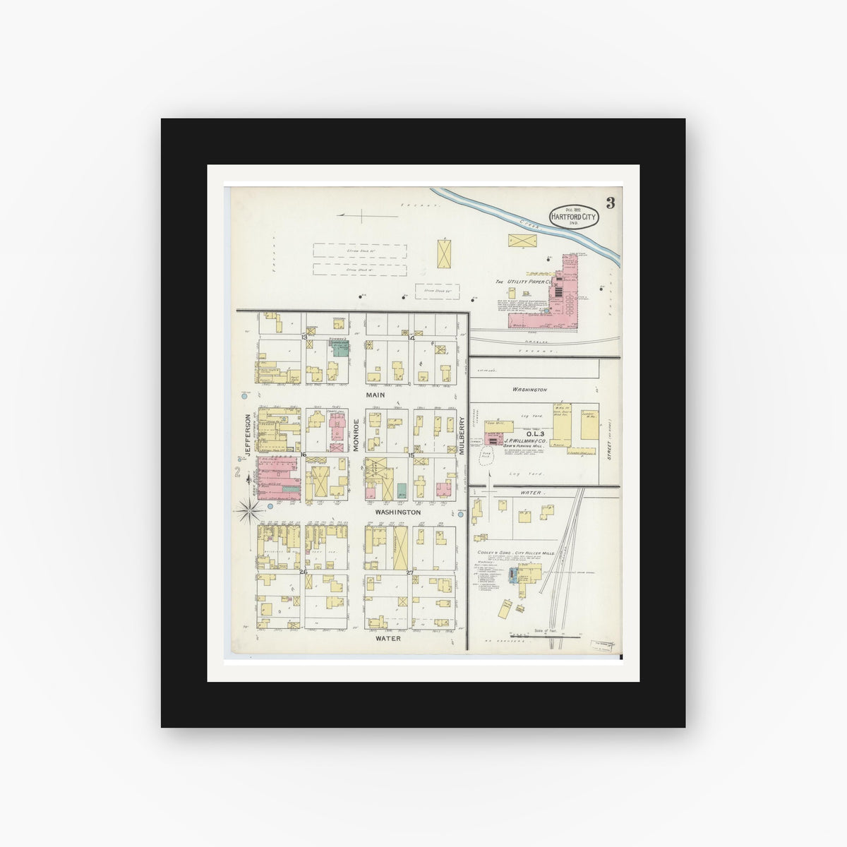Old map wall art mockup — black gallery frame with white mat — Sanborn Fire Insurance Map from Hartford City, Blackford County, Indiana (1892), Sheet #0003