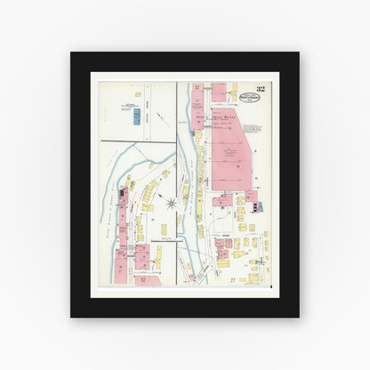 Old map wall art mockup — black gallery frame with white mat — Sanborn Fire Insurance Map from North Adams, Berkshire County, Massachusetts (1908), Sheet #0032