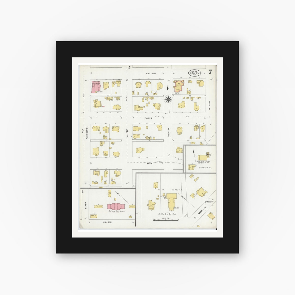 Old map wall art mockup — black gallery frame with white mat — Sanborn Fire Insurance Map from Bryan, Brazos County, Texas (1906), Sheet #0007