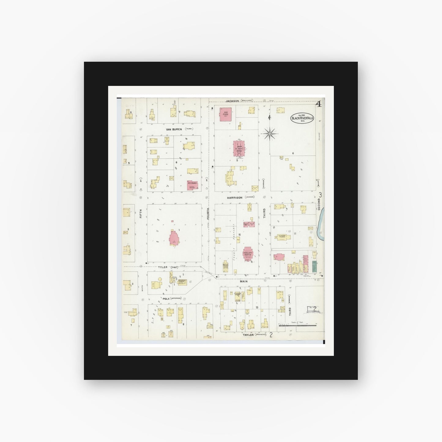 Old map wall art mockup — black gallery frame with white mat — Sanborn Fire Insurance Map from Black River Falls, Jackson County, Wisconsin (1902), Sheet #0004