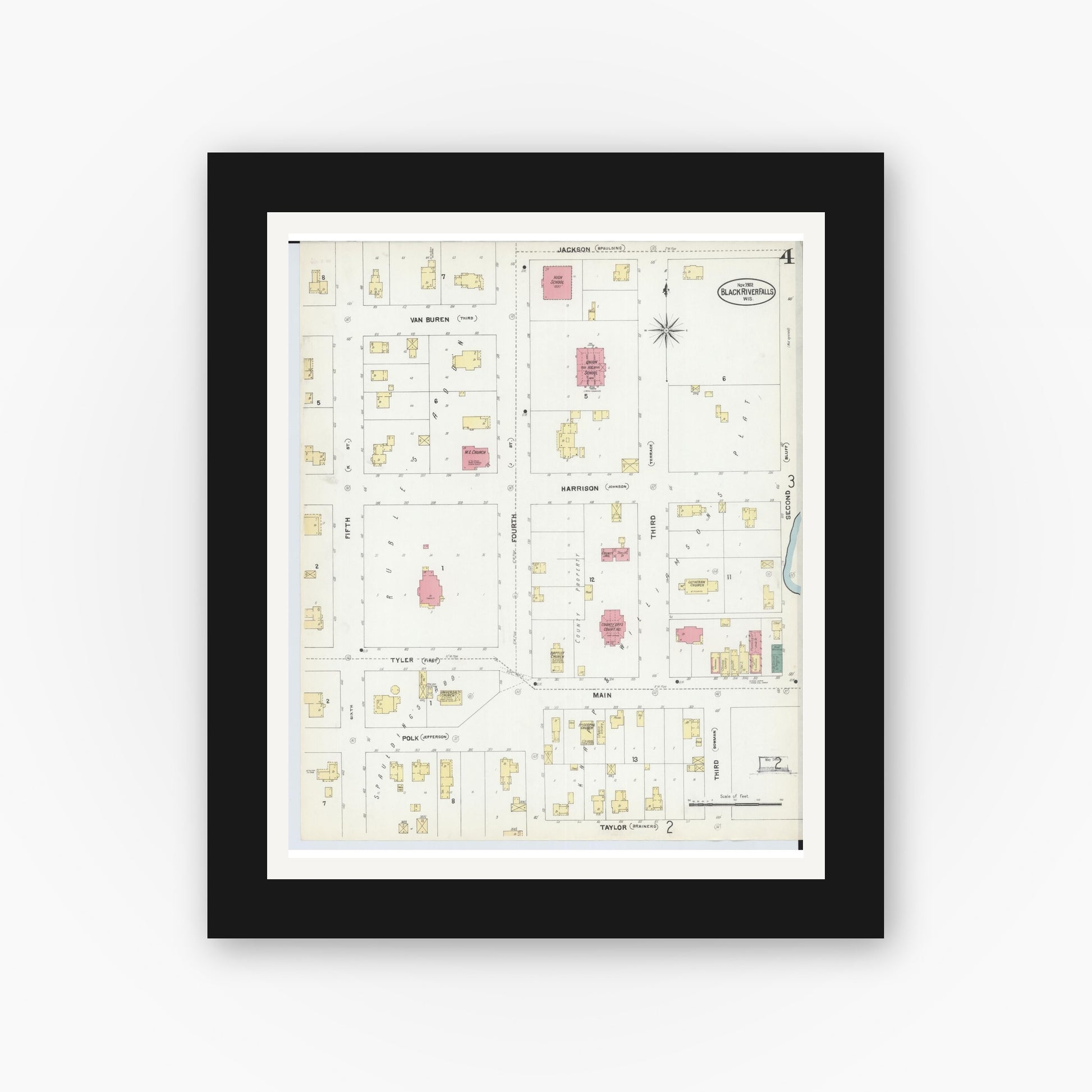 Old map wall art mockup — black gallery frame with white mat — Sanborn Fire Insurance Map from Black River Falls, Jackson County, Wisconsin (1902), Sheet #0004