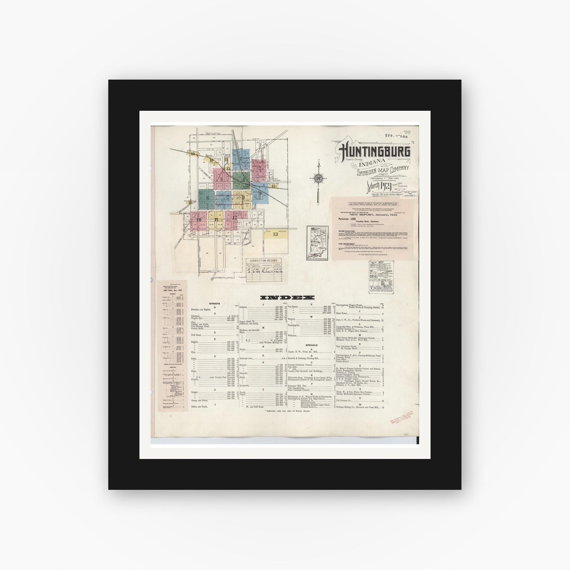 Old map wall art mockup — black gallery frame with white mat — Sanborn Fire Insurance Map from Huntingburg, Dubois County, Indiana (1949) - Complete Map Set