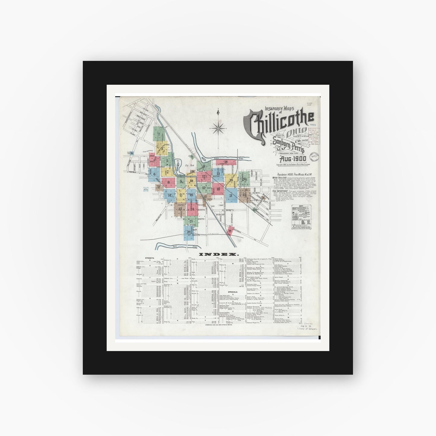 Old map wall art mockup — black gallery frame with white mat — Sanborn Fire Insurance Map from Chillicothe, Ross County, Ohio (1900), Sheet #0001