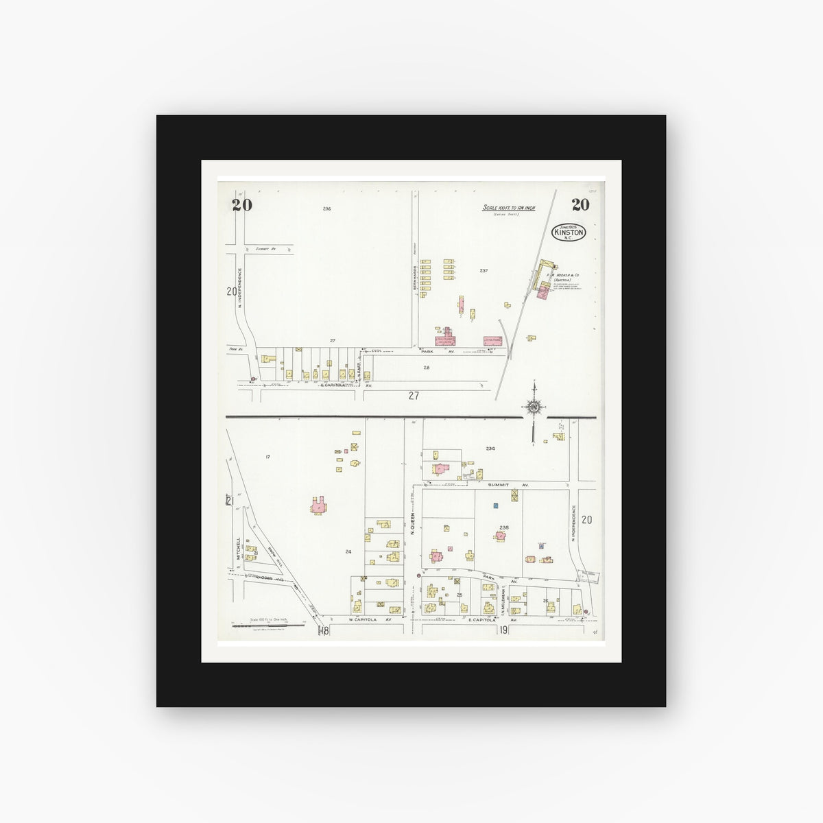 Old map wall art mockup — black gallery frame with white mat — Sanborn Fire Insurance Map from Kinston, Lenoir County, North Carolina (1925), Sheet #0020