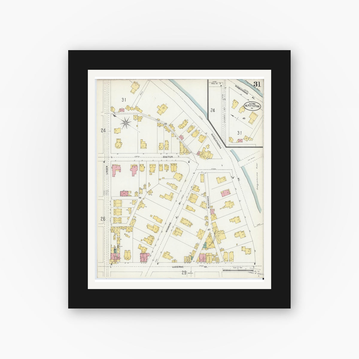 Old map wall art mockup — black gallery frame with white mat — Sanborn Fire Insurance Map from Pittston, Luzerne County, Pennsylvania (1903), Sheet #0031