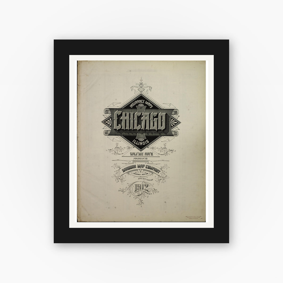 Old map wall art mockup — black gallery frame with white mat — Sanborn Fire Insurance Map from Chicago, Cook County, Illinois (1912), Sheet #0001
