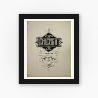 Old map wall art mockup — black gallery frame with white mat — Sanborn Fire Insurance Map from Chicago, Cook County, Illinois (1912), Sheet #0001