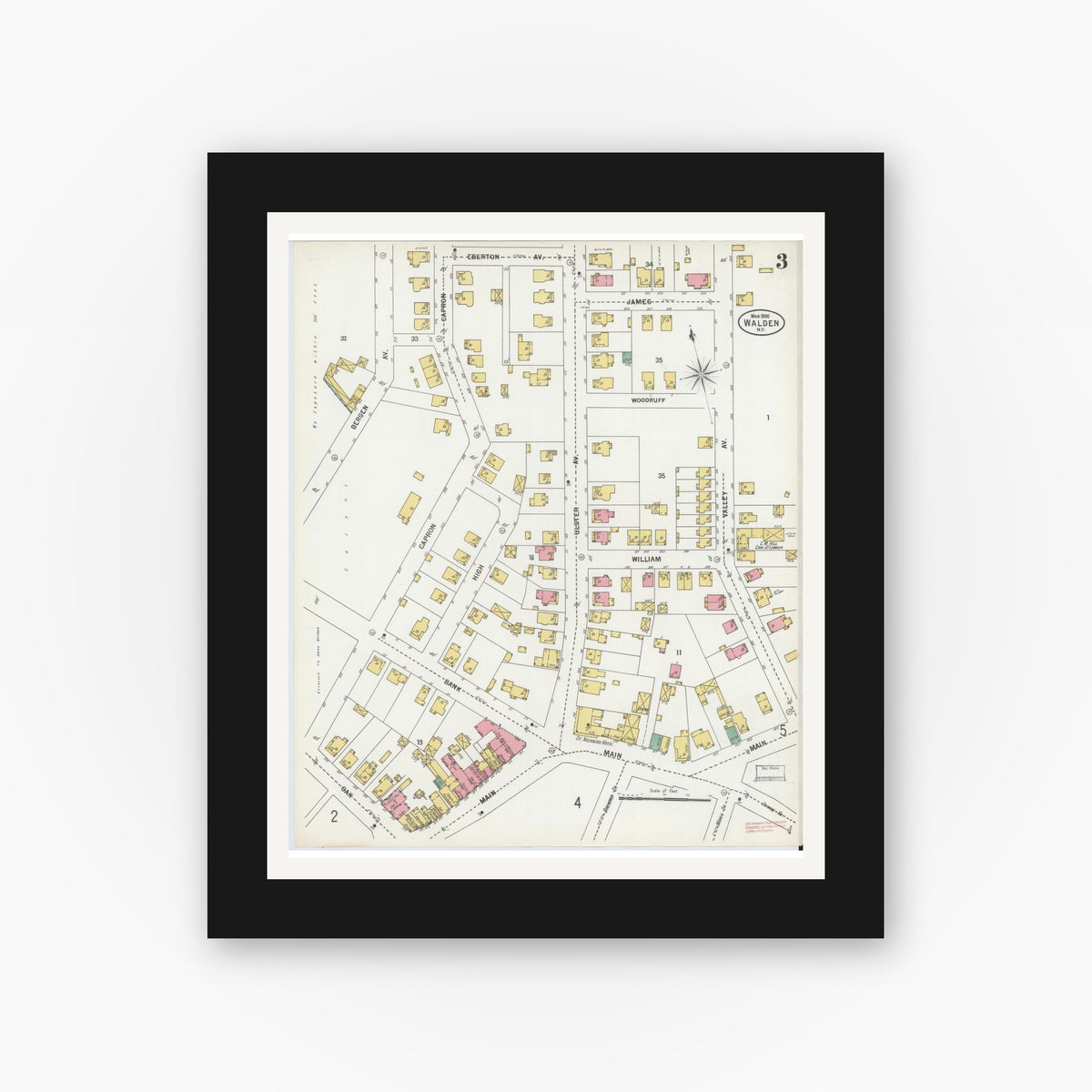 Old map wall art mockup — black gallery frame with white mat — Sanborn Fire Insurance Map from Walden, Orange County, New York (1900), Sheet #0003