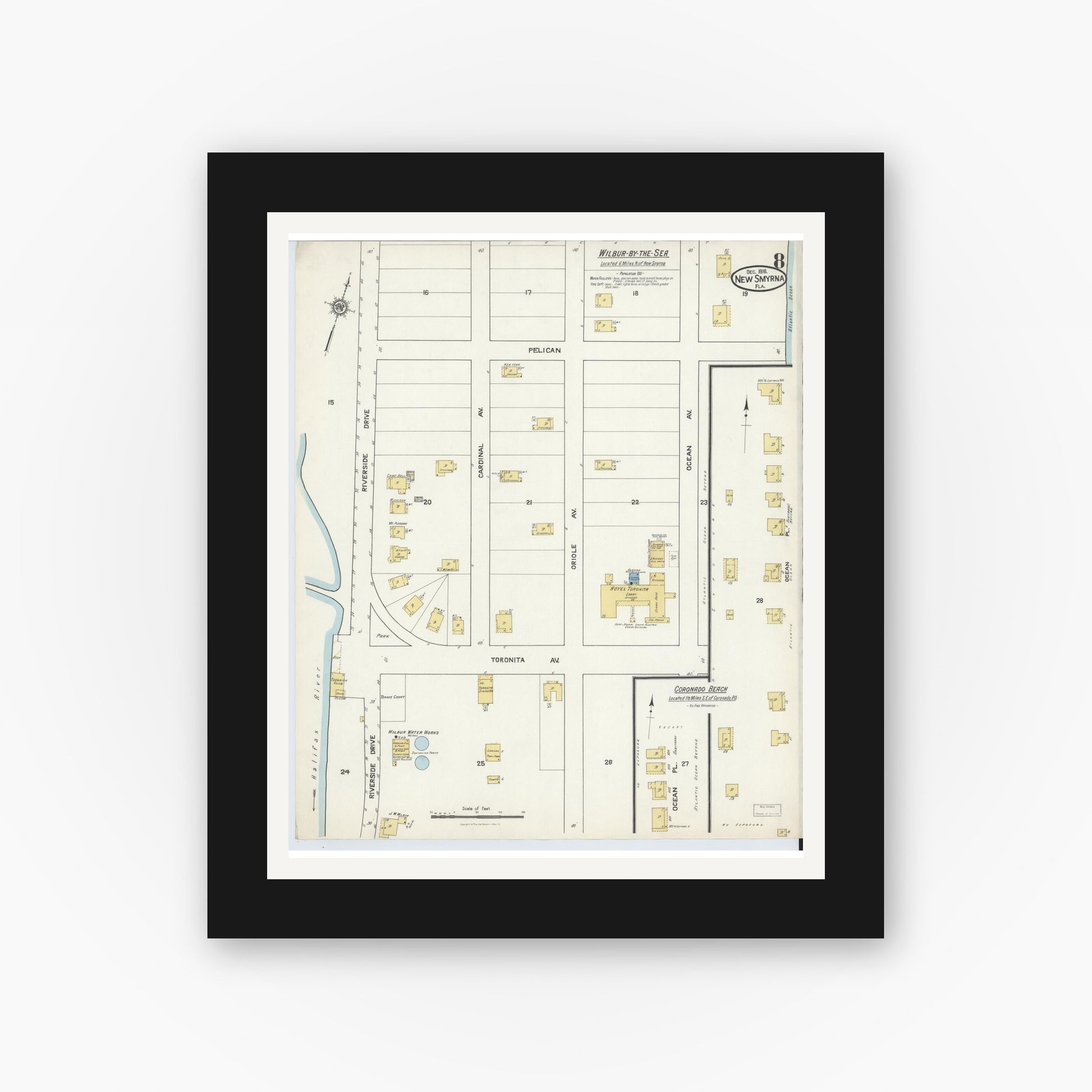 Old map wall art mockup — black gallery frame with white mat — Sanborn Fire Insurance Map from New Smyrna, Valusia County, Florida (1916), Sheet #0008