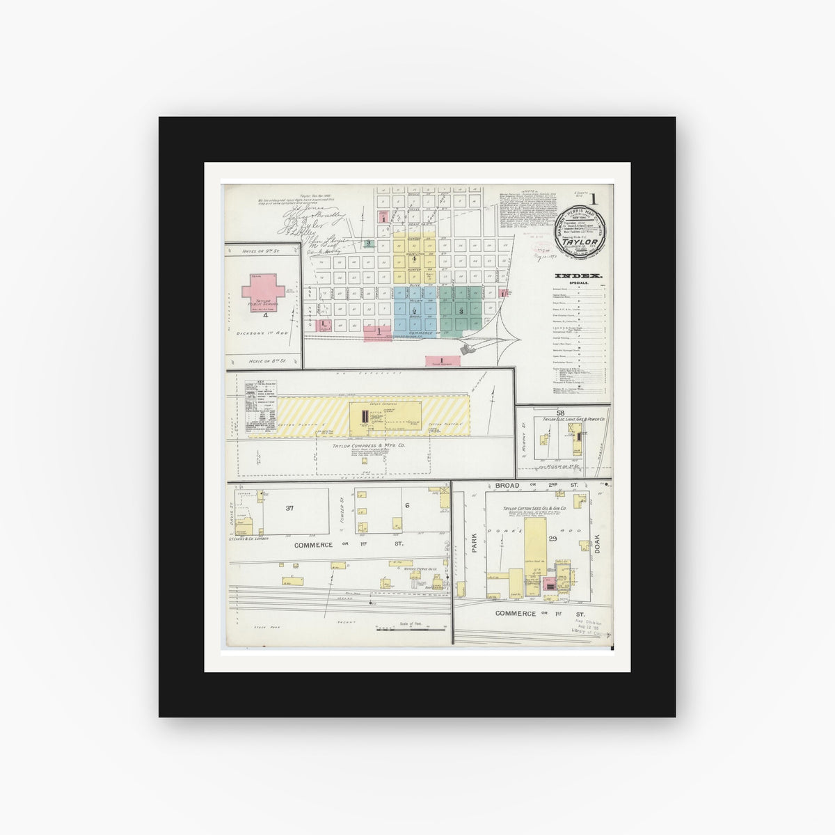 Old map wall art mockup — black gallery frame with white mat — Sanborn Fire Insurance Map from Taylor, Williamson County, Texas (1893) - Complete Map Set