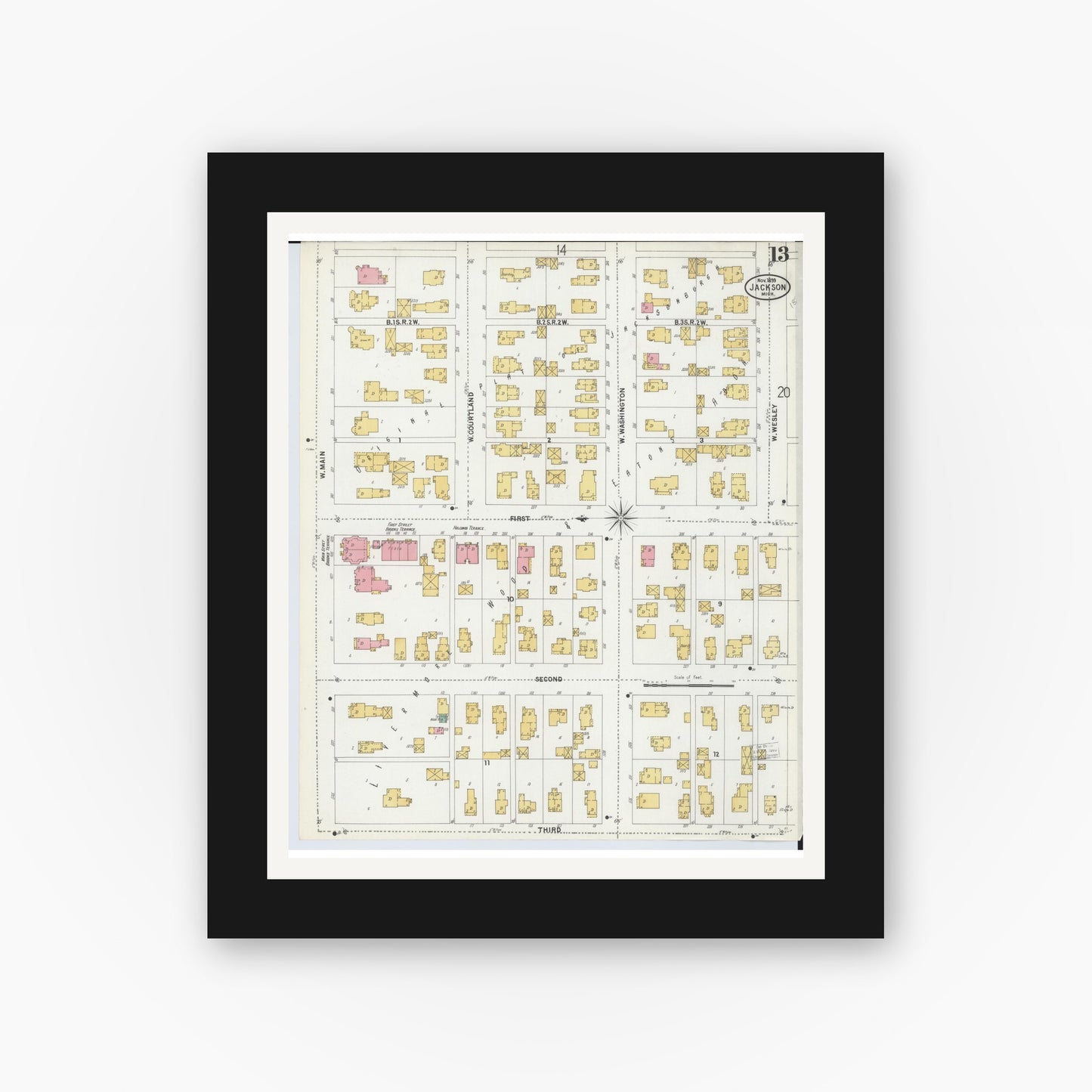 Old map wall art mockup — black gallery frame with white mat — Sanborn Fire Insurance Map from Jackson, Jackson County, Michigan (1899), Sheet #0013
