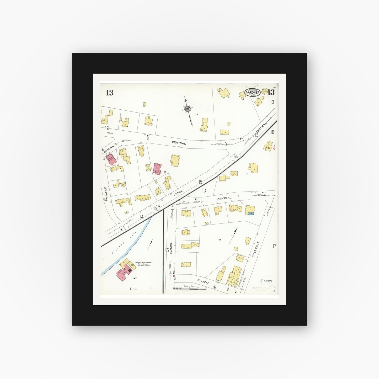 Old map wall art mockup — black gallery frame with white mat — Sanborn Fire Insurance Map from Gardner, Worcester County, Massachusetts (1923), Sheet #0013