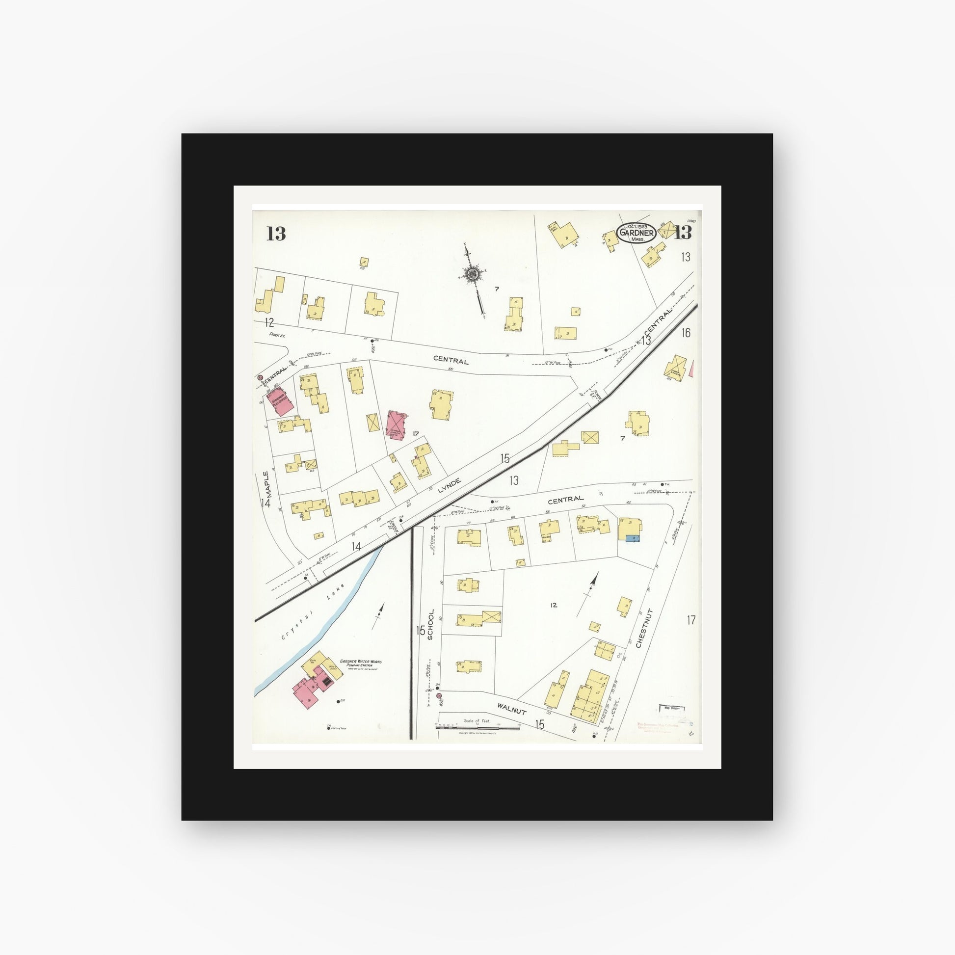 Old map wall art mockup — black gallery frame with white mat — Sanborn Fire Insurance Map from Gardner, Worcester County, Massachusetts (1923), Sheet #0013