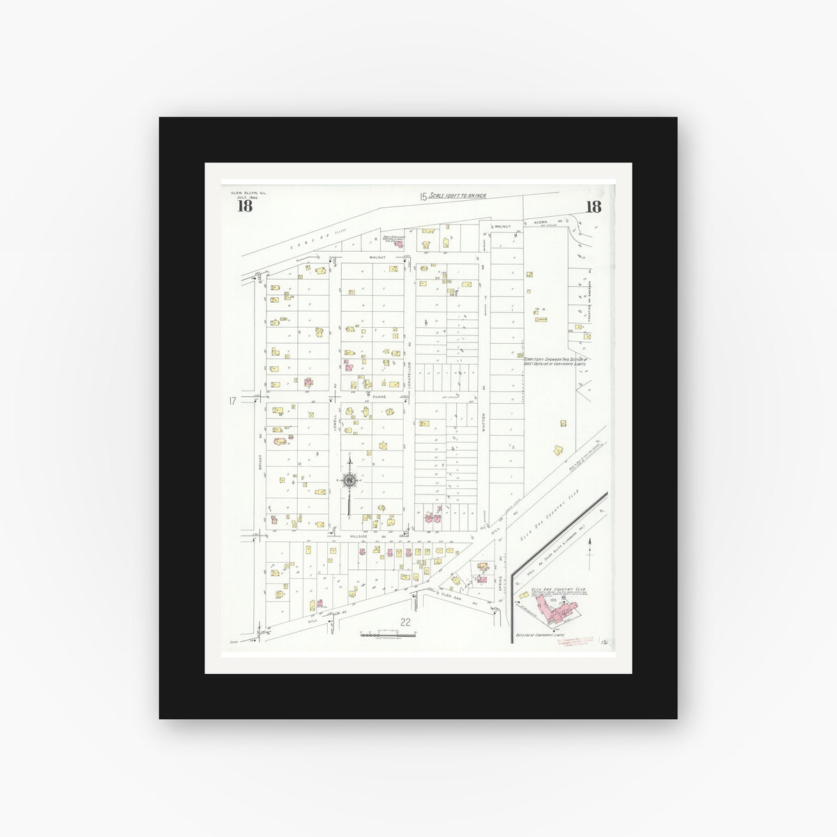 Old map wall art mockup — black gallery frame with white mat — Sanborn Fire Insurance Map from Glen Ellyn, Du Page County, Illinois (1940), Sheet #0018