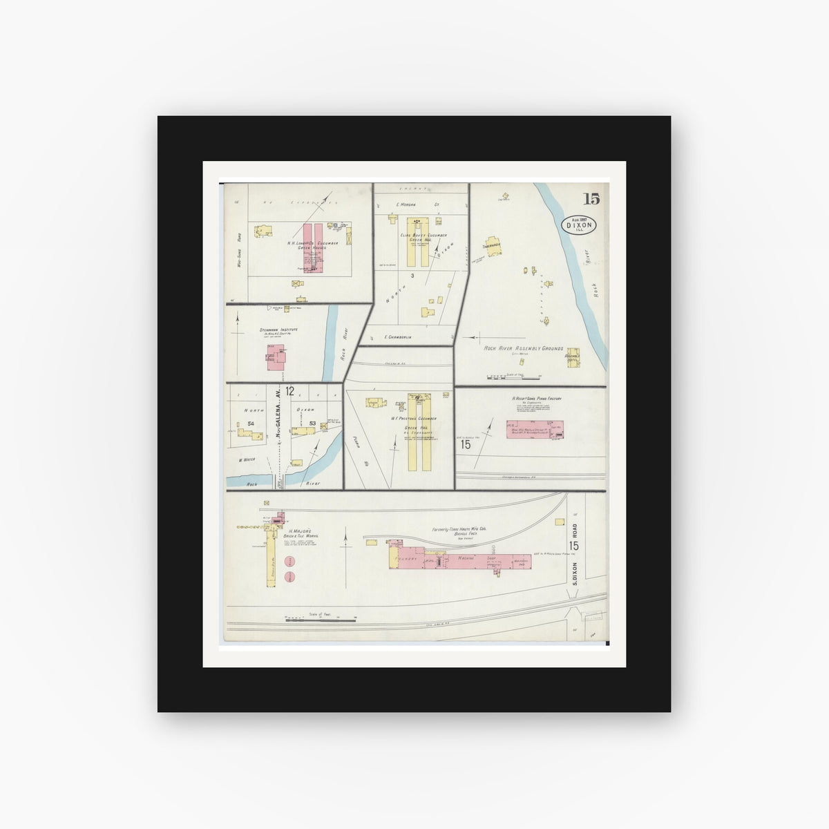 Old map wall art mockup — black gallery frame with white mat — Sanborn Fire Insurance Map from Dixon, Lee County, Illinois (1897), Sheet #0015