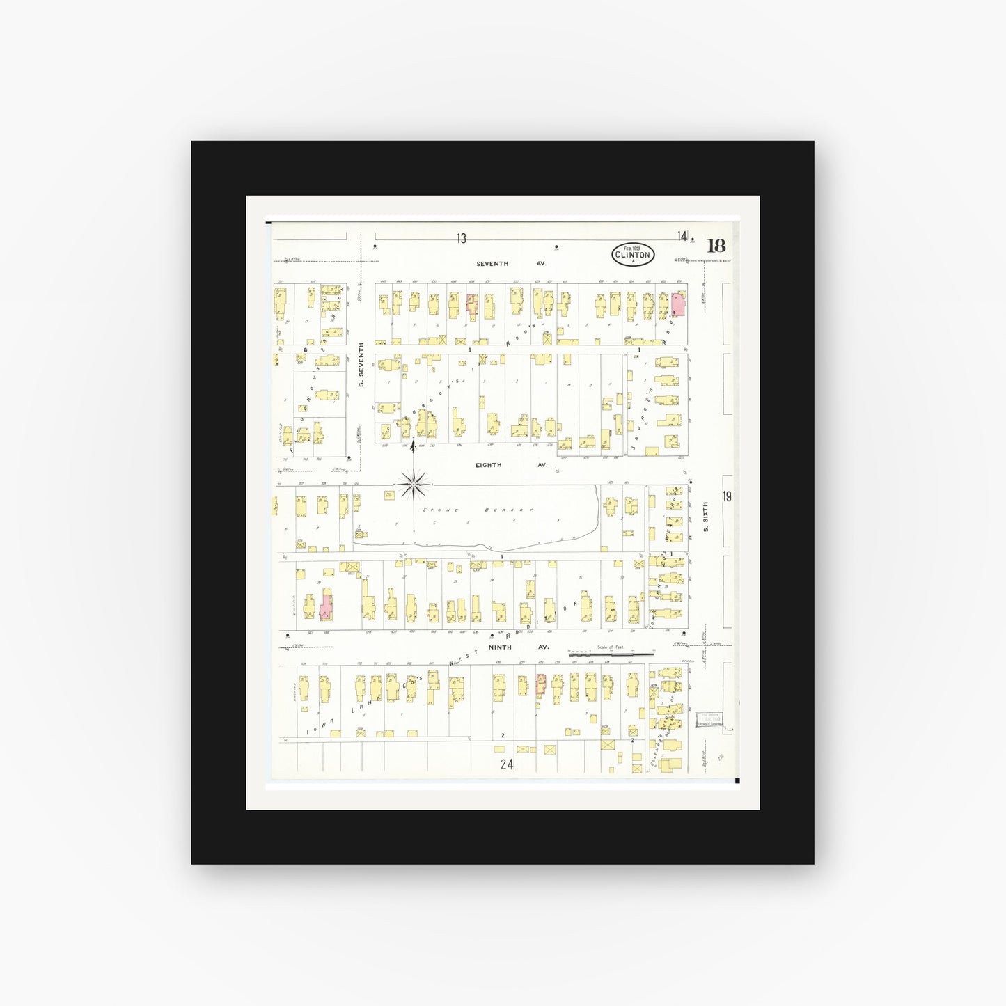 Old map wall art mockup — black gallery frame with white mat — Sanborn Fire Insurance Map from Clinton, Clinton County, Iowa (1909), Sheet #0018