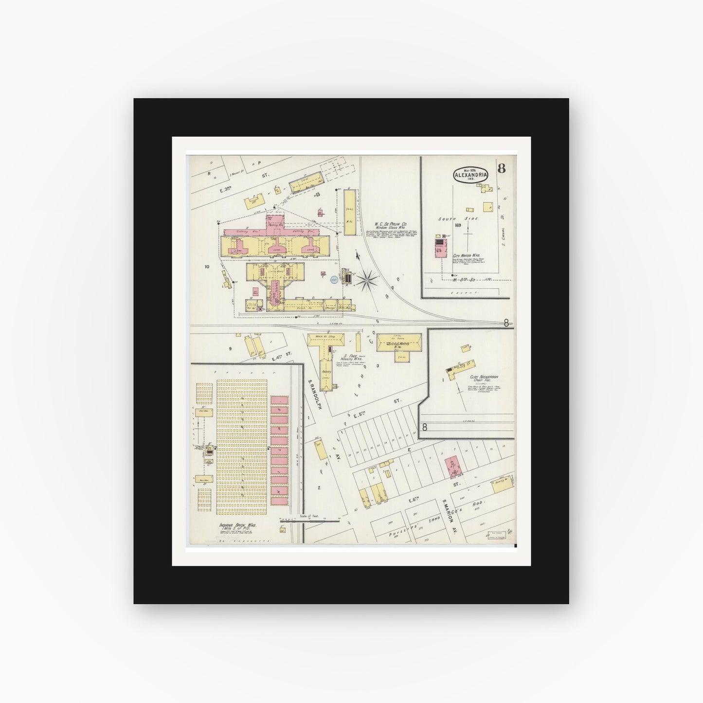 Old map wall art mockup — black gallery frame with white mat — Sanborn Fire Insurance Map from Alexandria, Madison County, Indiana (1896), Sheet #0008