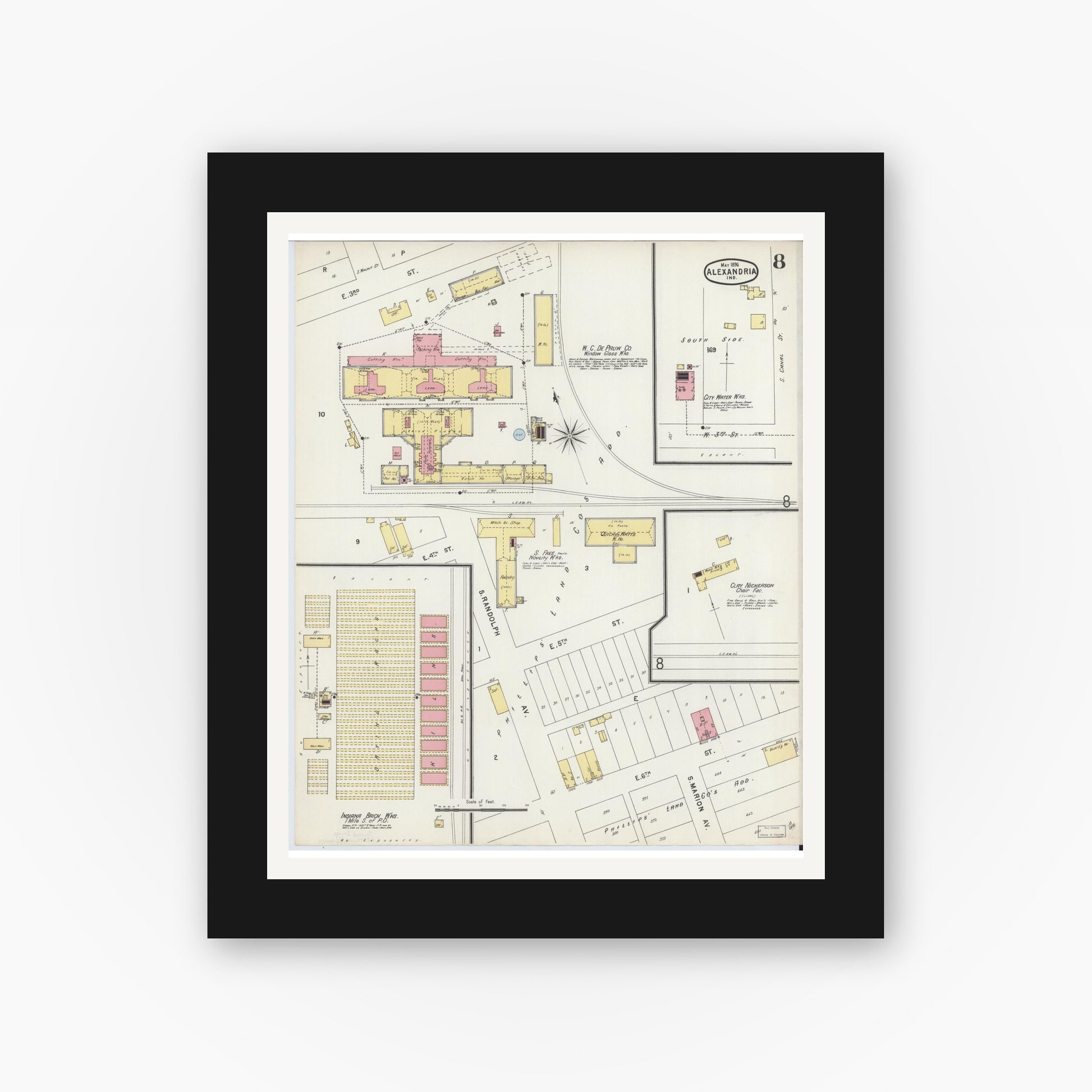 Old map wall art mockup — black gallery frame with white mat — Sanborn Fire Insurance Map from Alexandria, Madison County, Indiana (1896), Sheet #0008