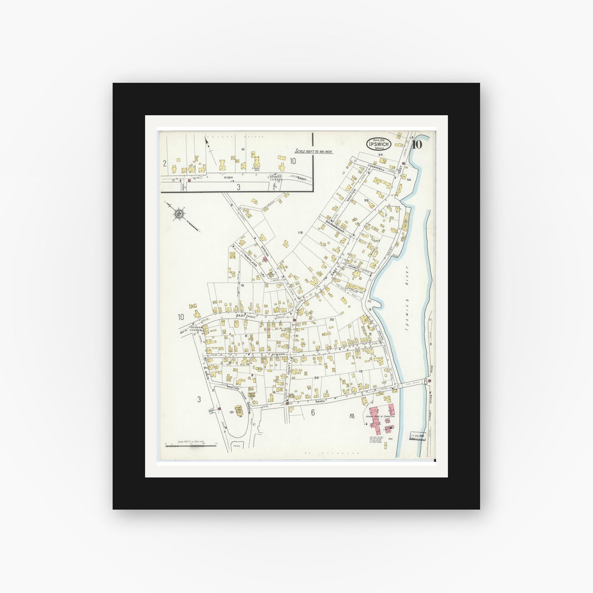 Old map wall art mockup — black gallery frame with white mat — Sanborn Fire Insurance Map from Ipswich, Essex County, Massachusetts (1916), Sheet #0010