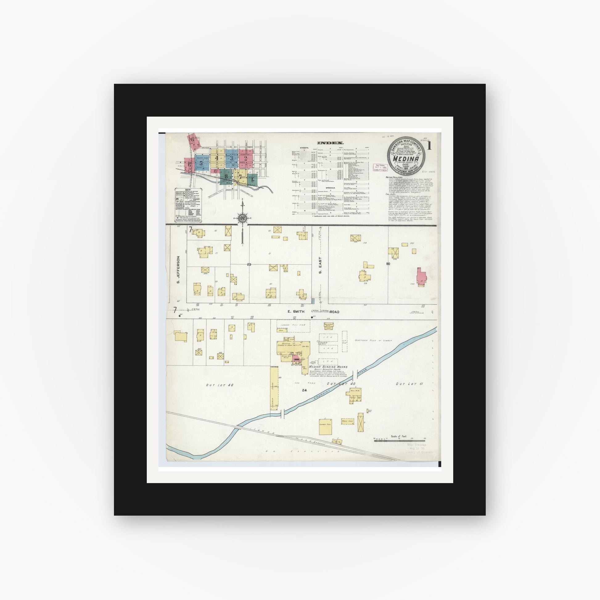Old map wall art mockup — black gallery frame with white mat — Sanborn Fire Insurance Map from Medina, Medina County, Ohio (1911) - Complete Map Set