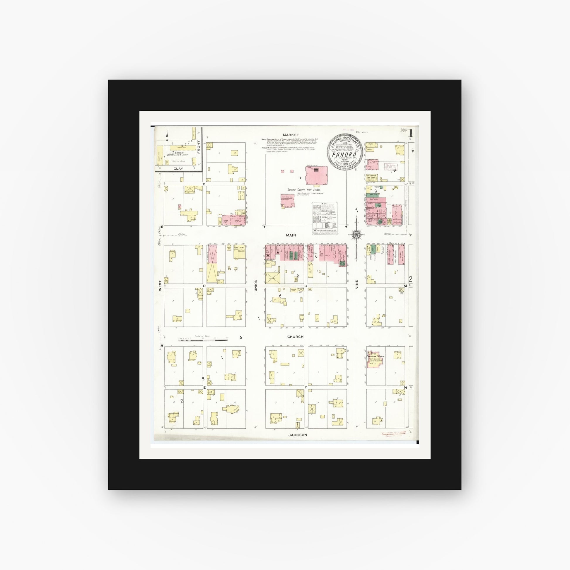 Old map wall art mockup — black gallery frame with white mat — Sanborn Fire Insurance Map from Panora, Guthrie County, Iowa (1909), Sheet #0001