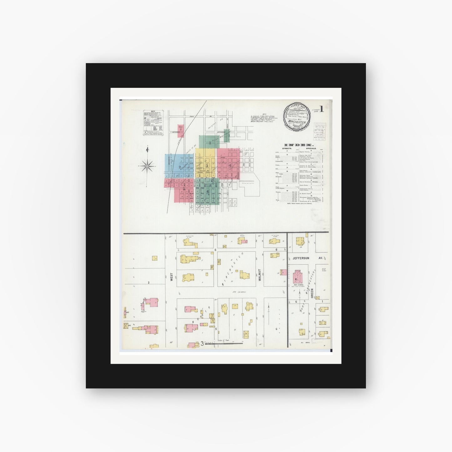 Old map wall art mockup — black gallery frame with white mat — Sanborn Fire Insurance Map from Winchester, Scott County, Illinois (1900) - Complete Map Set