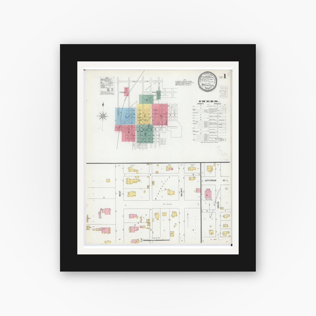 Old map wall art mockup — black gallery frame with white mat — Sanborn Fire Insurance Map from Winchester, Scott County, Illinois (1900) - Complete Map Set