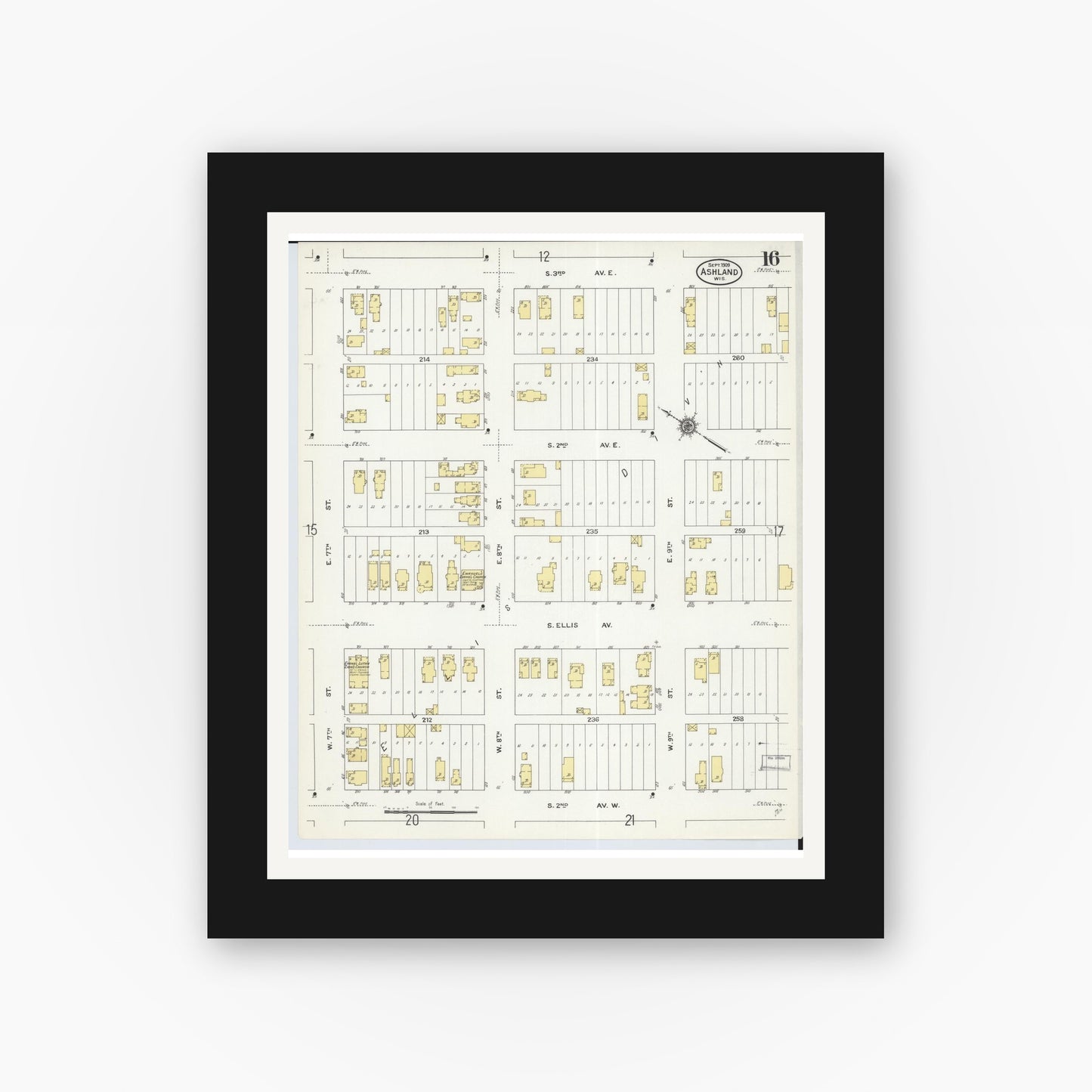 Old map wall art mockup — black gallery frame with white mat — Sanborn Fire Insurance Map from Ashland, Ashland County, Wisconsin (1909), Sheet #0016