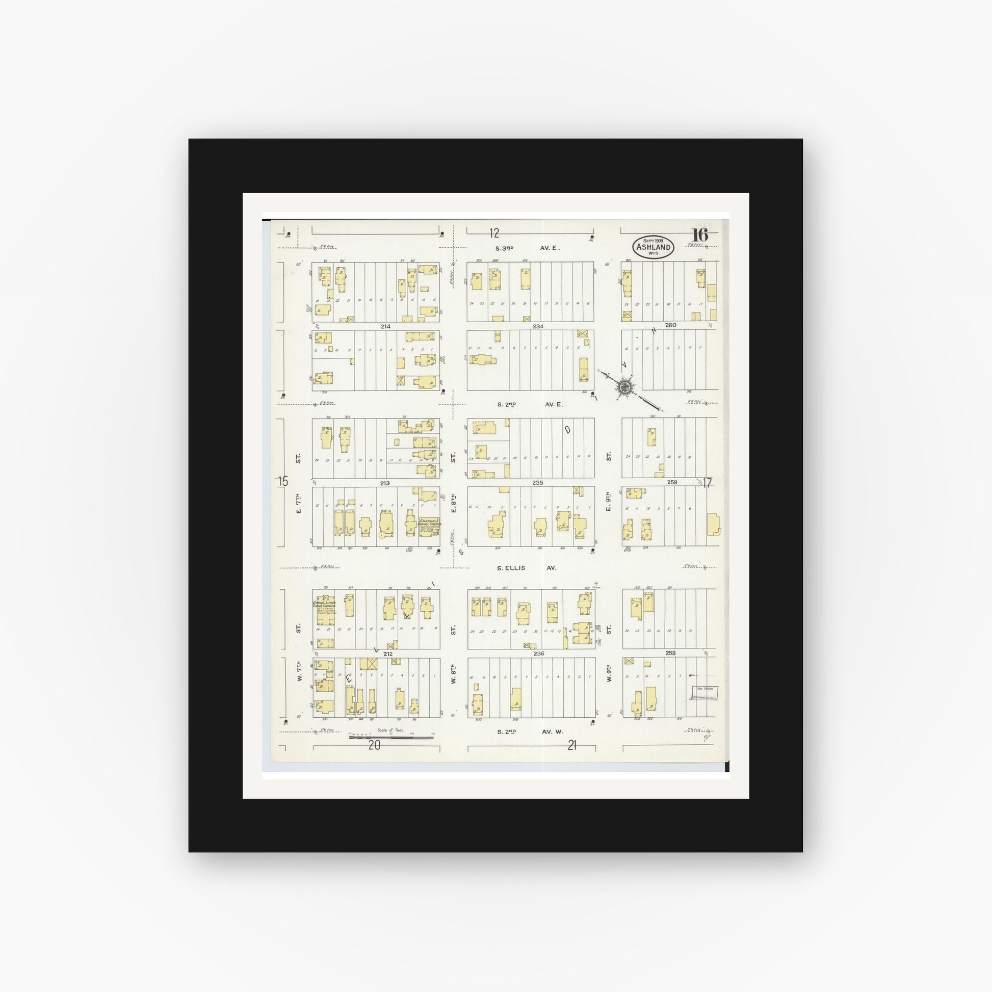 Old map wall art mockup — black gallery frame with white mat — Sanborn Fire Insurance Map from Ashland, Ashland County, Wisconsin (1909), Sheet #0016