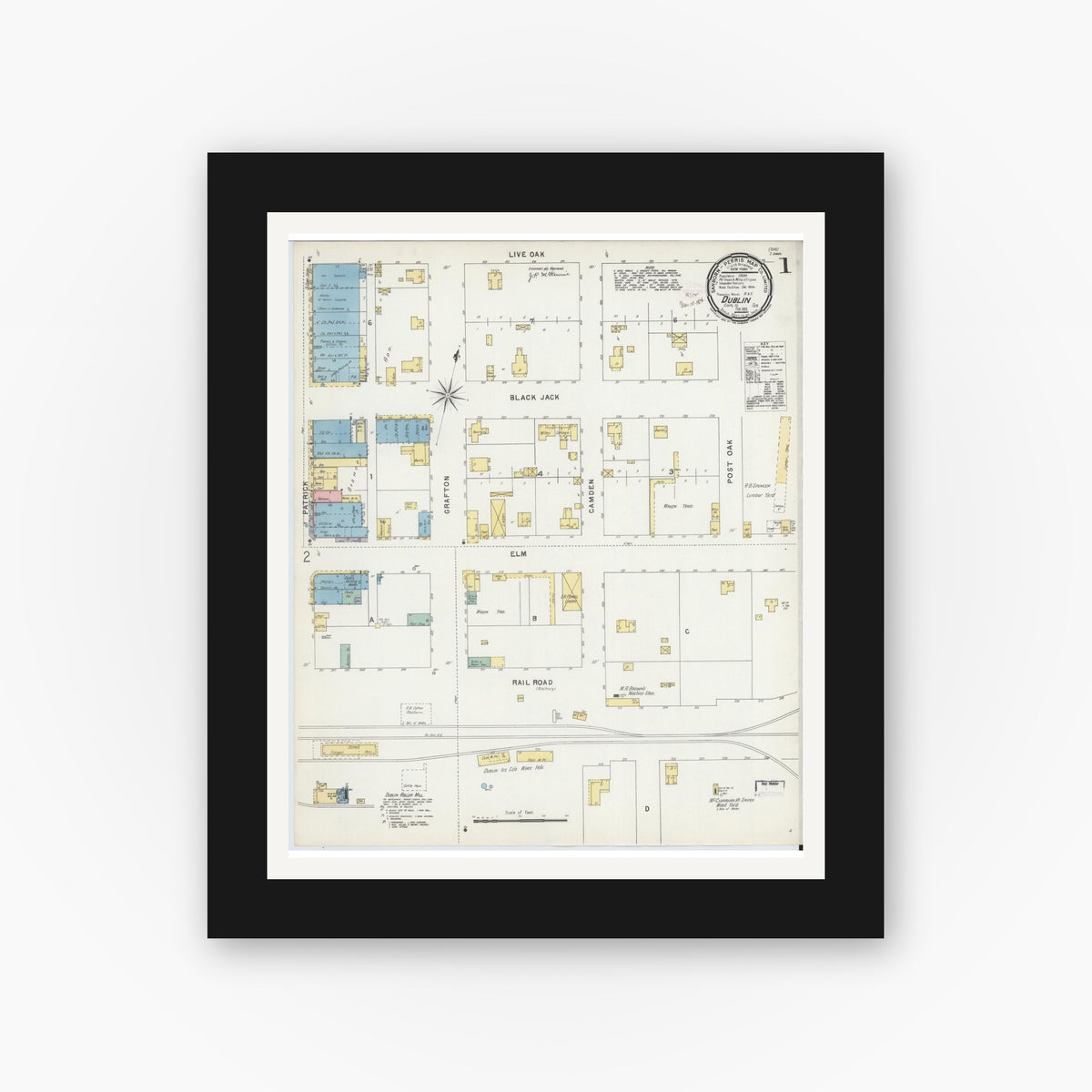 Old map wall art mockup — black gallery frame with white mat — Sanborn Fire Insurance Map from Dublin, Erath County, Texas (1896), Sheet #0001