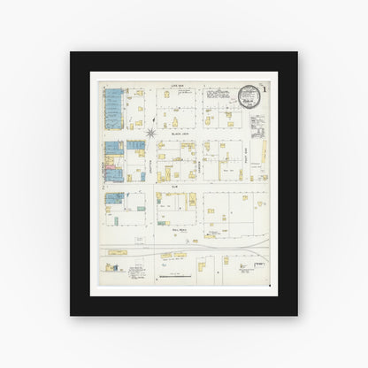 Old map wall art mockup — black gallery frame with white mat — Sanborn Fire Insurance Map from Dublin, Erath County, Texas (1896), Sheet #0001