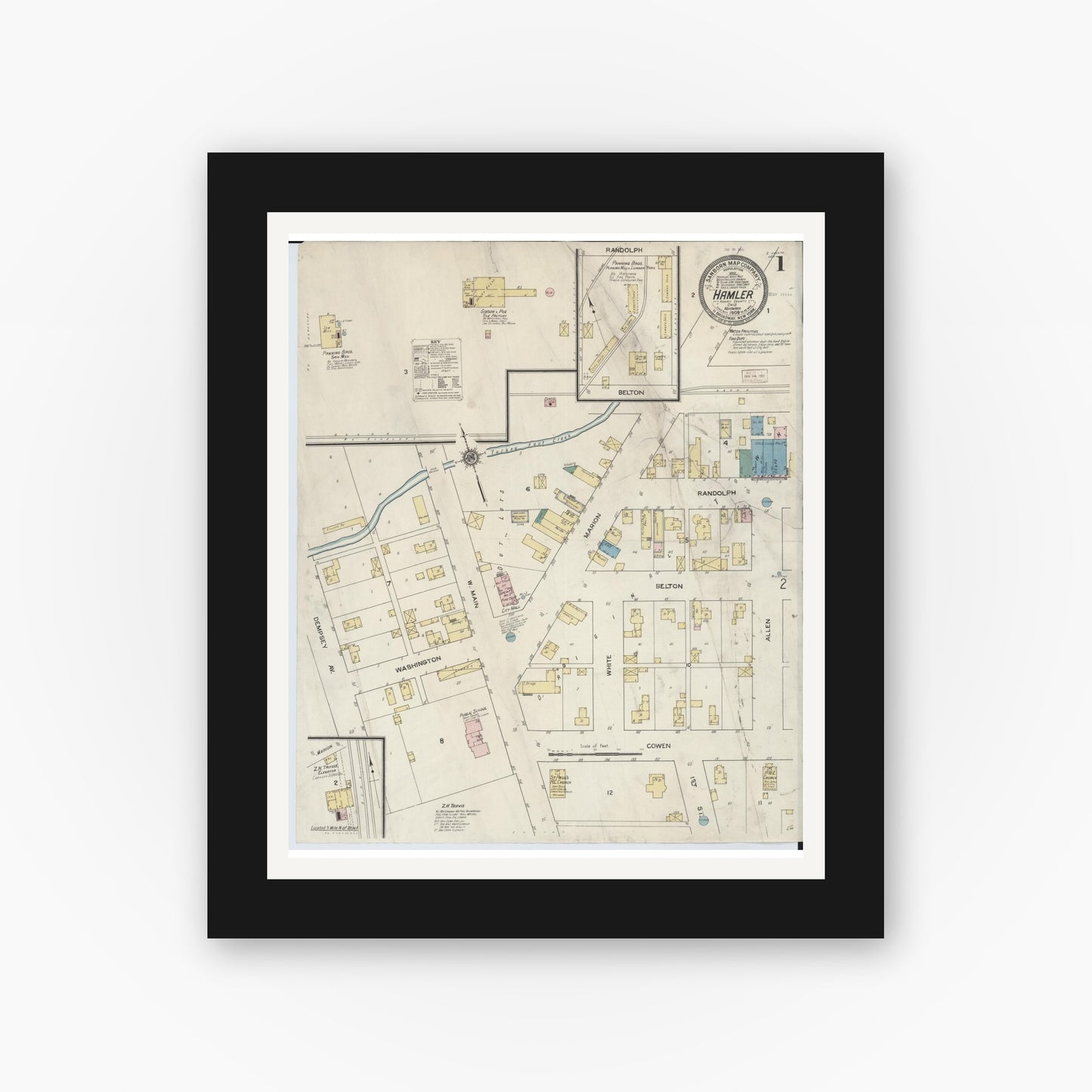 Old map wall art mockup — black gallery frame with white mat — Sanborn Fire Insurance Map from Hamler, Henry County, Ohio (1909) - Complete Map Set