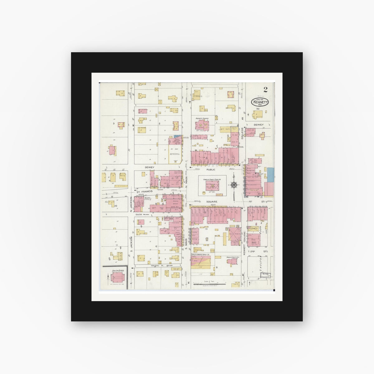 Old map wall art mockup — black gallery frame with white mat — Sanborn Fire Insurance Map from Kennett, Dunklin County, Missouri (1919), Sheet #0002