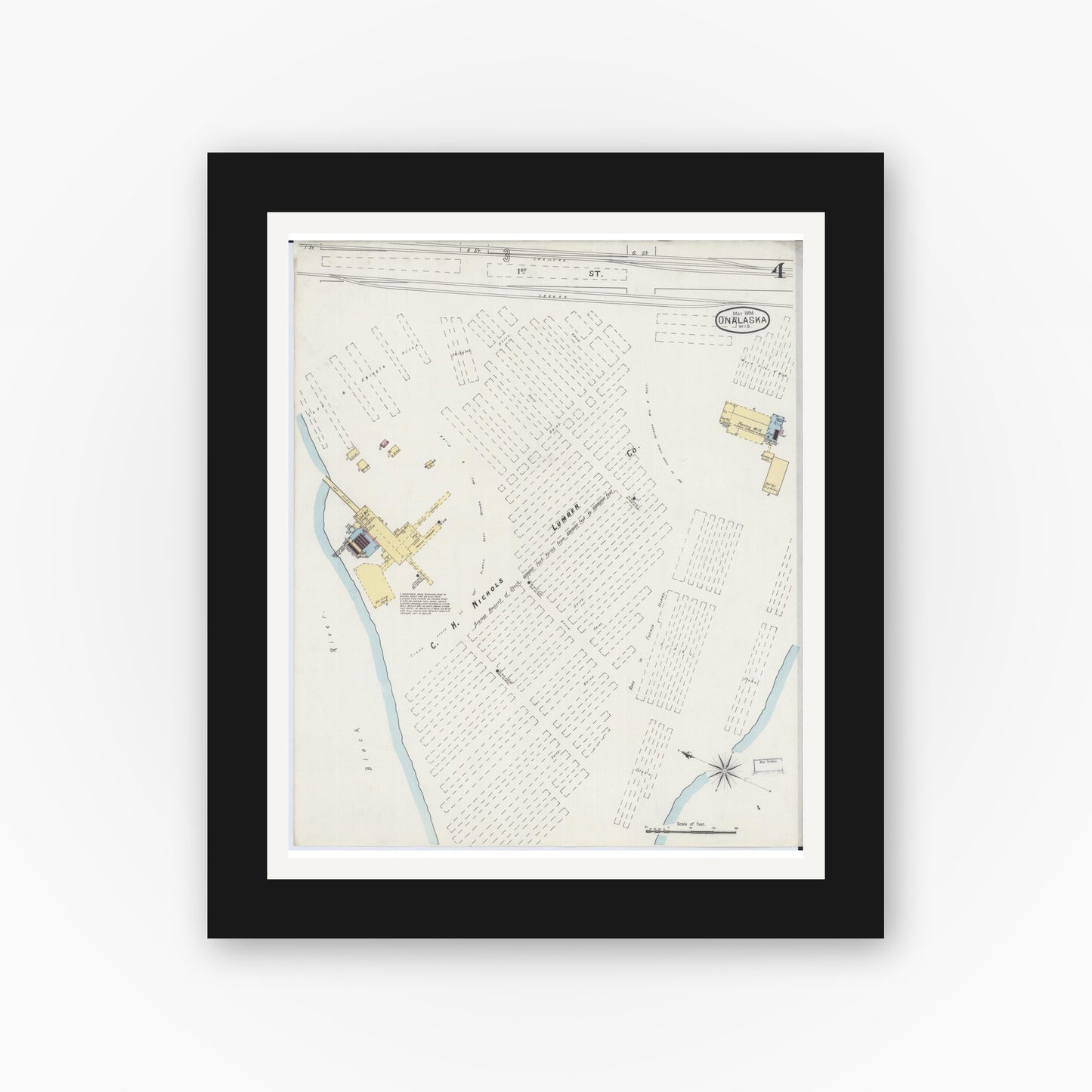 Old map wall art mockup — black gallery frame with white mat — Sanborn Fire Insurance Map from Onalaska, La Crosse County, Wisconsin (1894), Sheet #0004