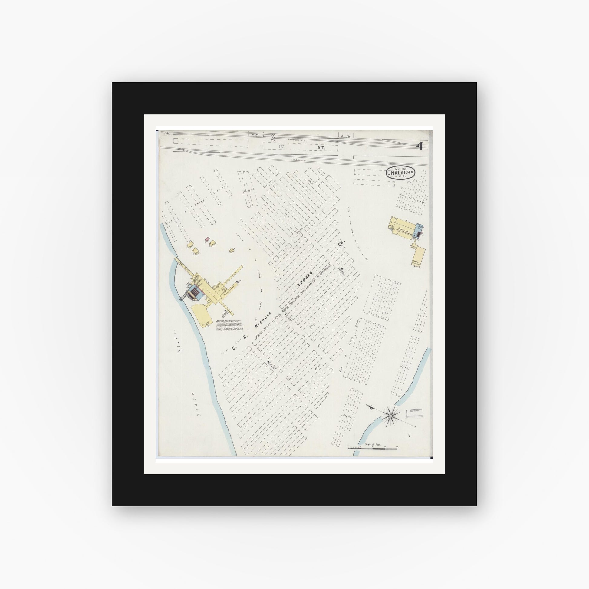 Old map wall art mockup — black gallery frame with white mat — Sanborn Fire Insurance Map from Onalaska, La Crosse County, Wisconsin (1894), Sheet #0004