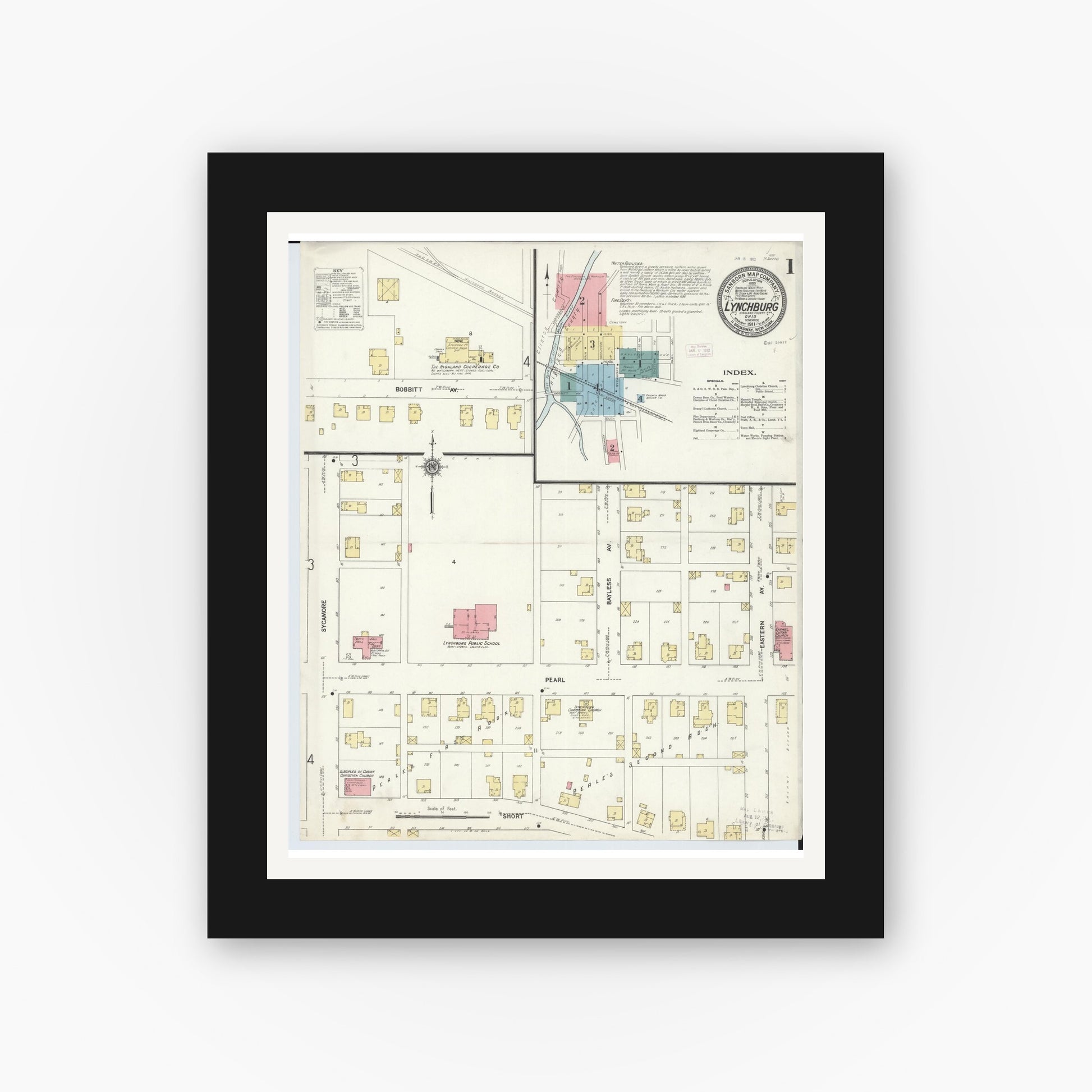 Old map wall art mockup — black gallery frame with white mat — Sanborn Fire Insurance Map from Lynchburg, Highland County, Ohio (1911), Sheet #0001