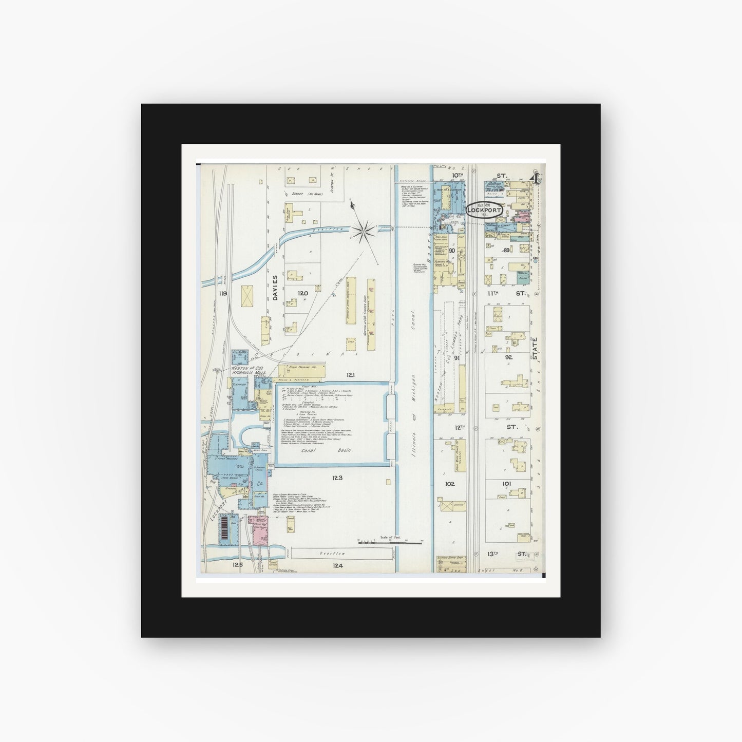Old map wall art mockup — black gallery frame with white mat — Sanborn Fire Insurance Map from Lockport, Will County, Illinois (1891), Sheet #0004