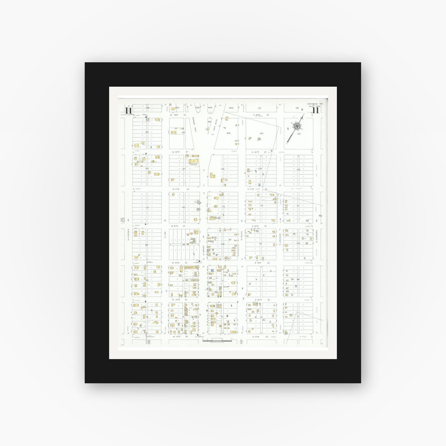 Old map wall art mockup — black gallery frame with white mat — Sanborn Fire Insurance Map from Odessa, Edger County, Texas (1939), Sheet #0011